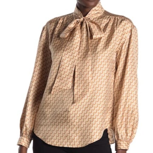 Joie Joslin Bow Tie Silk Blouse Chain Print Oak Tan XL NWT - Picture 11 of 13